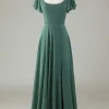A-Line Eucalyptus Long Bridesmaid Dress with Ruffles