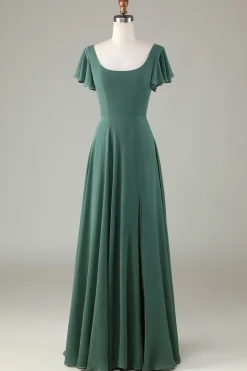 A-Line Eucalyptus Long Bridesmaid Dress with Ruffles