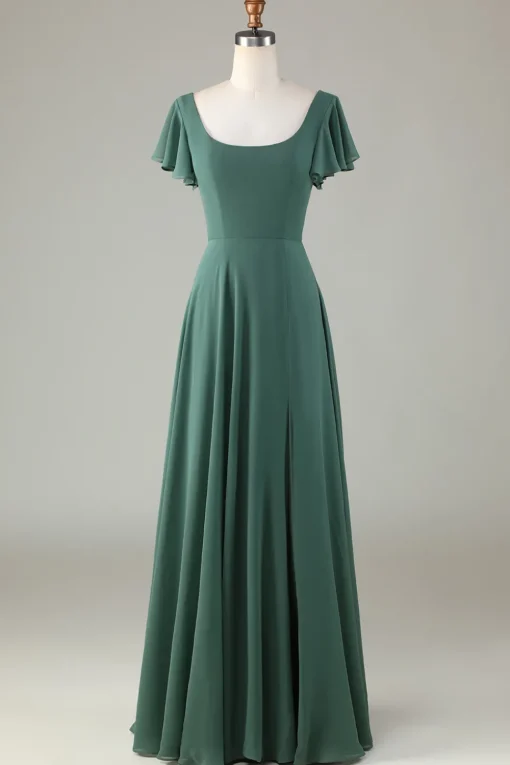 A-Line Eucalyptus Long Bridesmaid Dress with Ruffles