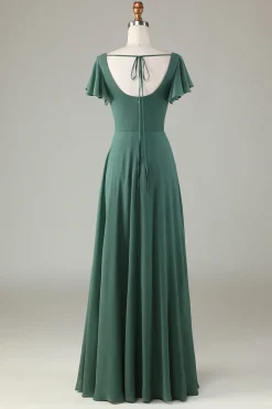 A-Line Eucalyptus Long Bridesmaid Dress with Ruffles