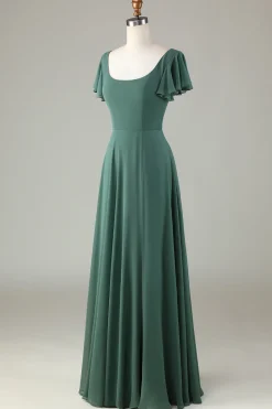 A-Line Eucalyptus Long Bridesmaid Dress with Ruffles