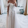 A-Line Ivory Off the Shoulder Long Wedding Dress with Lace