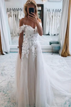 A-Line Ivory Off the Shoulder Long Wedding Dress with Lace