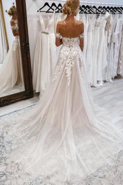 A-Line Ivory Off the Shoulder Long Wedding Dress with Lace