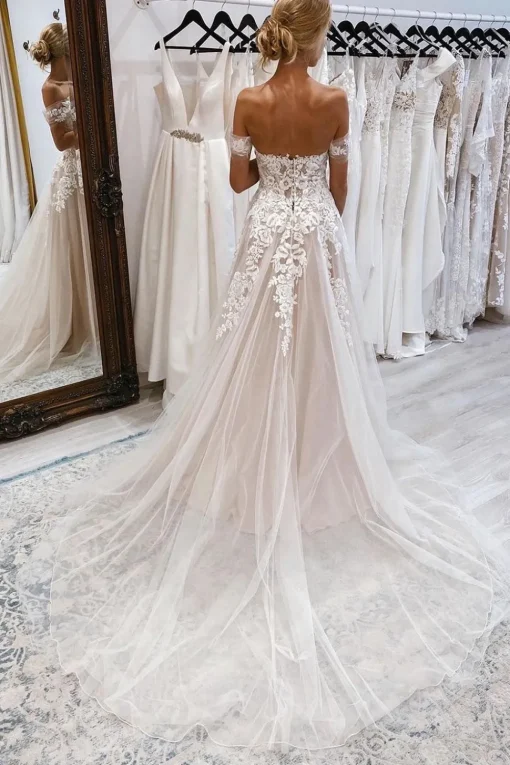 A-Line Ivory Off the Shoulder Long Wedding Dress with Lace