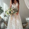 A-Line Ivory Spaghetti Straps Long Boho Wedding Dress with Appliques