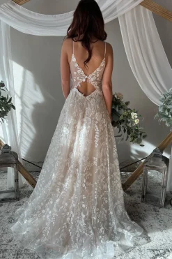 A-Line Ivory Spaghetti Straps Long Boho Wedding Dress with Appliques
