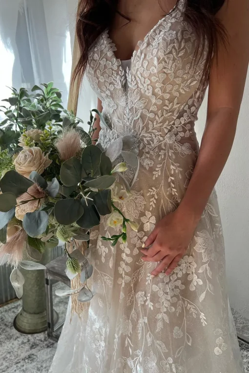 A-Line Ivory Spaghetti Straps Long Boho Wedding Dress with Appliques