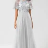 A-Line Jewel Neck Grey Long Bridesmaid Dress with Short Sleeves