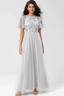 A-Line Jewel Neck Grey Long Bridesmaid Dress with Short Sleeves