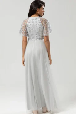 A-Line Jewel Neck Grey Long Bridesmaid Dress with Short Sleeves