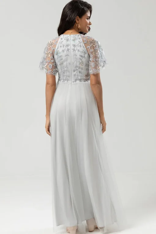 A-Line Jewel Neck Grey Long Bridesmaid Dress with Short Sleeves
