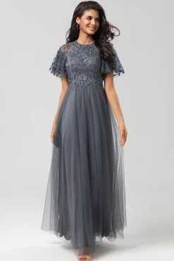 A-Line Jewel Neck Grey Long Bridesmaid Dress with Short Sleeves