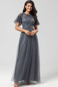 A-Line Jewel Neck Grey Long Bridesmaid Dress with Short Sleeves