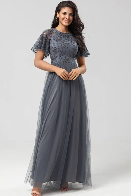 A-Line Jewel Neck Grey Long Bridesmaid Dress with Short Sleeves