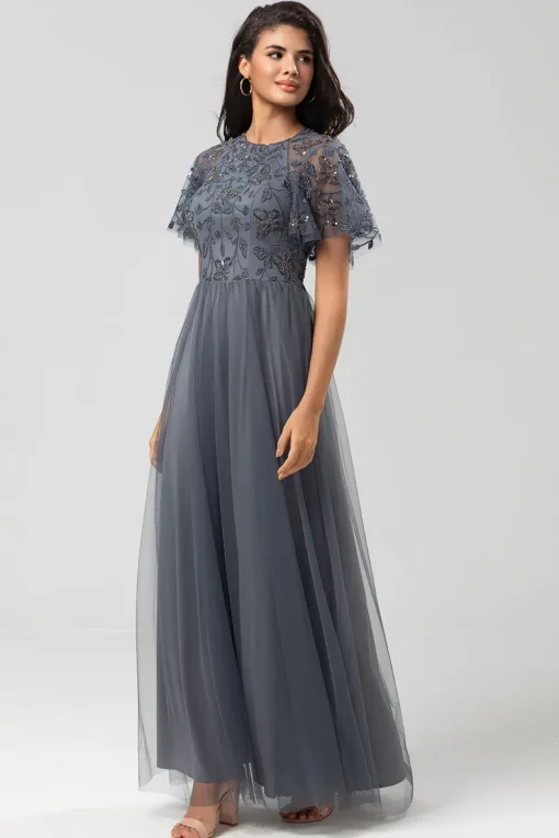A-Line Jewel Neck Grey Long Bridesmaid Dress with Short Sleeves