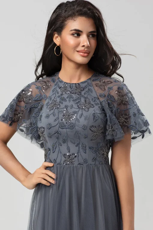 A-Line Jewel Neck Grey Long Bridesmaid Dress with Short Sleeves