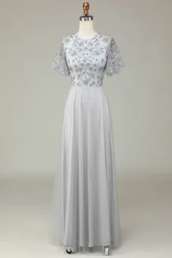 A-Line Jewel Neck Grey Long Bridesmaid Dress with Short Sleeves