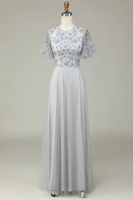 A-Line Jewel Neck Grey Long Bridesmaid Dress with Short Sleeves