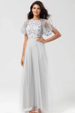 A-Line Jewel Neck Grey Long Bridesmaid Dress with Short Sleeves
