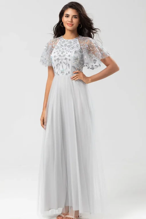 A-Line Jewel Neck Grey Long Bridesmaid Dress with Short Sleeves