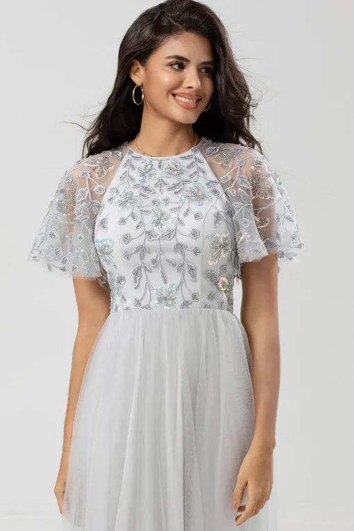 A-Line Jewel Neck Grey Long Bridesmaid Dress with Short Sleeves