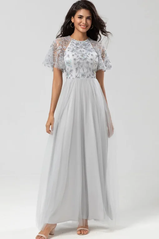 A-Line Jewel Neck Grey Long Bridesmaid Dress with Short Sleeves