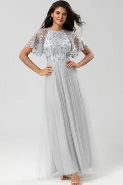 A-Line Jewel Neck Grey Long Bridesmaid Dress with Short Sleeves