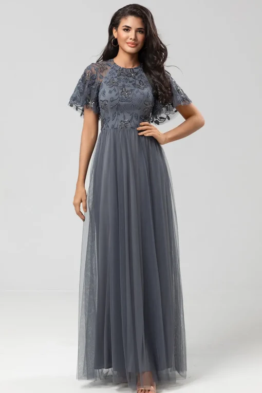 A-Line Jewel Neck Grey Long Bridesmaid Dress with Short Sleeves