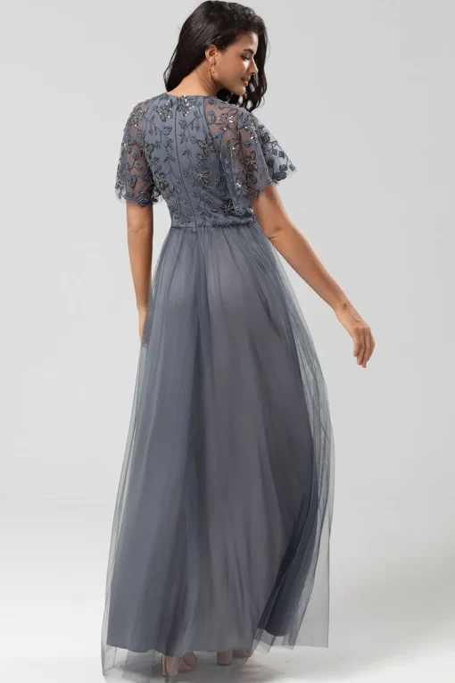 A-Line Jewel Neck Grey Long Bridesmaid Dress with Short Sleeves