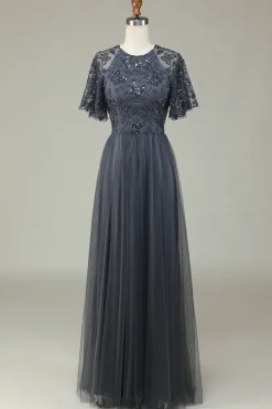 A-Line Jewel Neck Grey Long Bridesmaid Dress with Short Sleeves