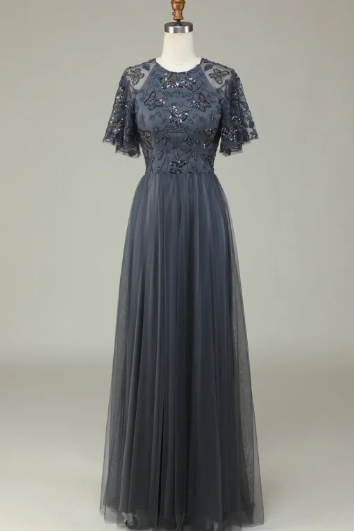 A-Line Jewel Neck Grey Long Bridesmaid Dress with Short Sleeves