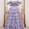 A-line Lavendar Printed Convertible Off the Shoulder Long Tiered Prom Dress