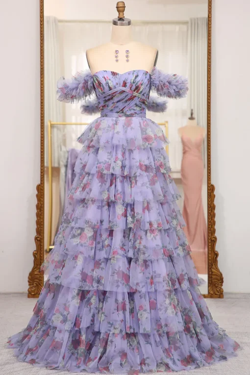 A-line Lavendar Printed Convertible Off the Shoulder Long Tiered Prom Dress