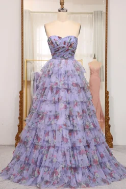 A-line Lavendar Printed Convertible Off the Shoulder Long Tiered Prom Dress