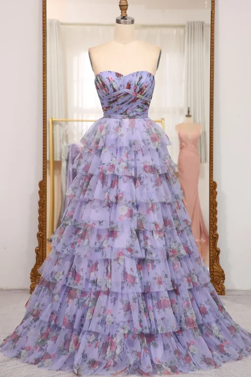 A-line Lavendar Printed Convertible Off the Shoulder Long Tiered Prom Dress