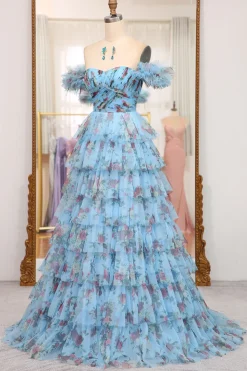 A-line Lavendar Printed Convertible Off the Shoulder Long Tiered Prom Dress