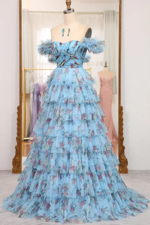 A-line Lavendar Printed Convertible Off the Shoulder Long Tiered Prom Dress