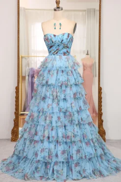 A-line Lavendar Printed Convertible Off the Shoulder Long Tiered Prom Dress