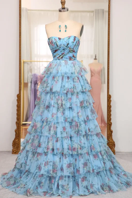 A-line Lavendar Printed Convertible Off the Shoulder Long Tiered Prom Dress