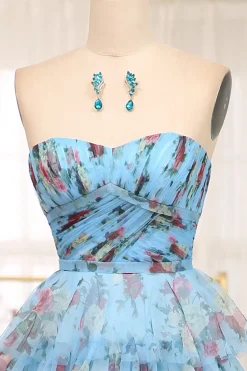 A-line Lavendar Printed Convertible Off the Shoulder Long Tiered Prom Dress