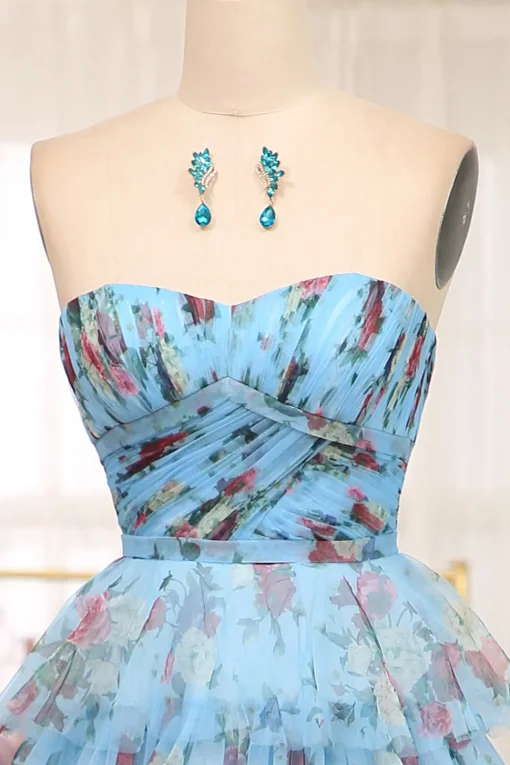 A-line Lavendar Printed Convertible Off the Shoulder Long Tiered Prom Dress