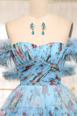 A-line Lavendar Printed Convertible Off the Shoulder Long Tiered Prom Dress