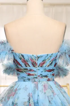 A-line Lavendar Printed Convertible Off the Shoulder Long Tiered Prom Dress
