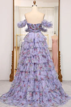 A-line Lavendar Printed Convertible Off the Shoulder Long Tiered Prom Dress