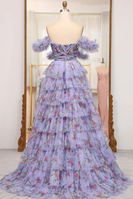A-line Lavendar Printed Convertible Off the Shoulder Long Tiered Prom Dress