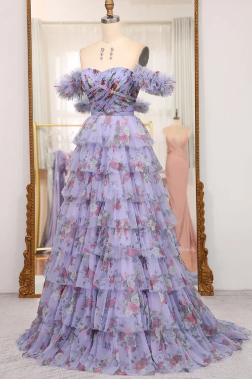A-line Lavendar Printed Convertible Off the Shoulder Long Tiered Prom Dress