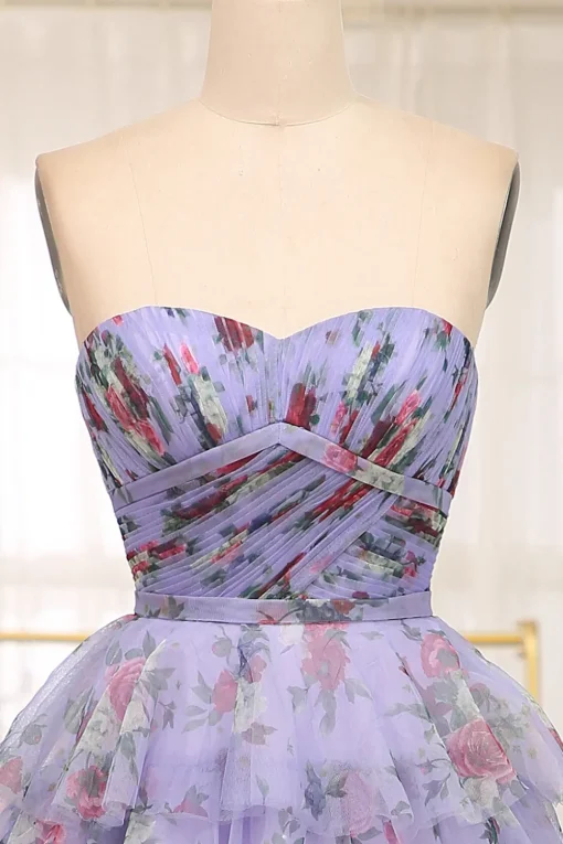 A-line Lavendar Printed Convertible Off the Shoulder Long Tiered Prom Dress