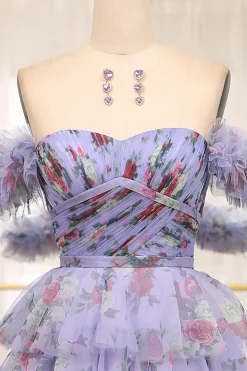 A-line Lavendar Printed Convertible Off the Shoulder Long Tiered Prom Dress