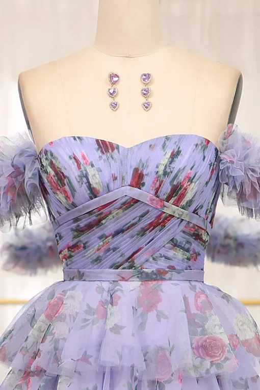A-line Lavendar Printed Convertible Off the Shoulder Long Tiered Prom Dress
